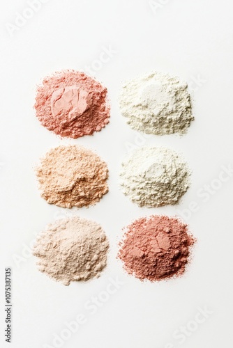 Variety of colored cosmetic powders arranged in circles on white background, top view