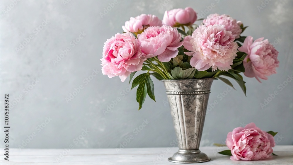Obraz premium Pink peony blooms in a elegant silver vase against a soft gray background, elegant decoration, flower arrangement, modern design, sophisticated look, pink peonies