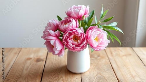 Pink peony flowers in a simple white vase on a rustic wooden table, garden style, homemade look, rustic wood table