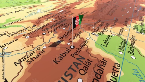 The Flag of Afghanistan on the World Map, Animated map of Afghanistan, Flying Flag