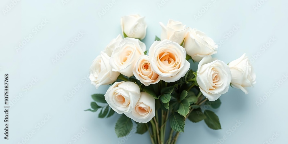 Beautifully styled white rose bouquet on a pale blue background, flowers, wedding, bouquet Beautifully styled white rose bouquet on a pale blue background, flowers, wedding, bouquet