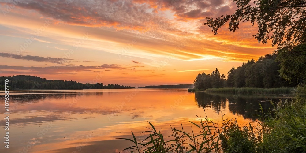A stunning image of a summer sunset over a calm lake with warm golden hues, peaceful scene, golden hour, warm tones, serene landscape A stunning image of a summer sunset over a calm lake with warm golden hues, peaceful scene, golden hour, warm tones, serene landscape