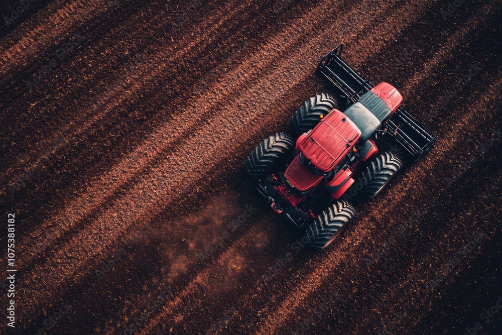 Naklejka premium aerial view of a tractor with a heavy harrow on a plowed field 