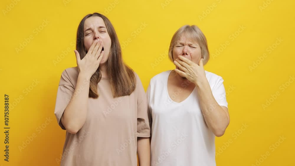 Two women sharing a light-hearted moment while gesturing on a bright yellow background Two women sharing a light-hearted moment while gesturing on a bright yellow background