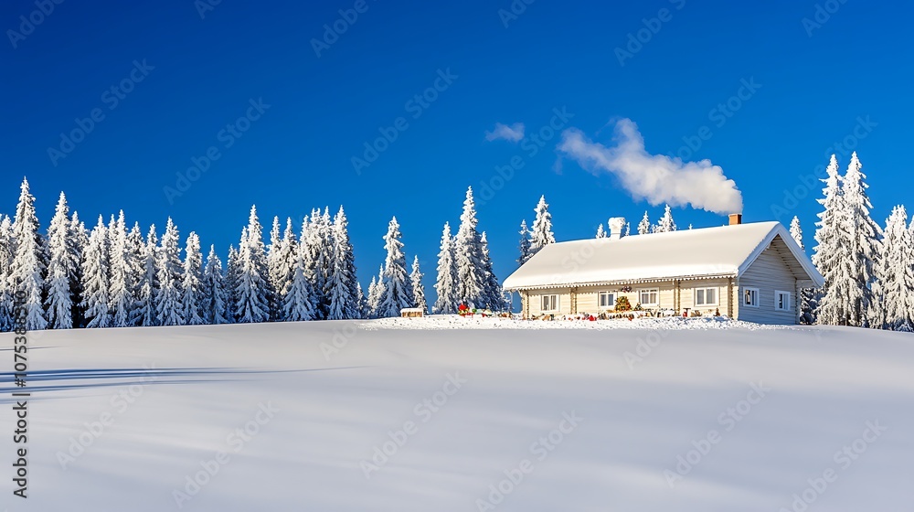 Obraz premium Snowy Cabin Amidst a Forest of Frosted Trees