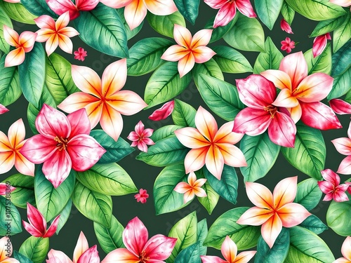 Vibrant Watercolor Seamless Pattern with Exotic Jasmine Flowers and Tropical Leaves, lush greenery, exotic floral design, jungle decor