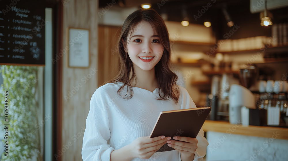 female business owner with tablet at cafe, holding a tablet
female business owner with tablet at cafe, holding a tablet