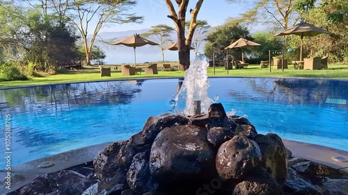 Water fountain gushing in a luxury hotel pool surrounded by deck chairs