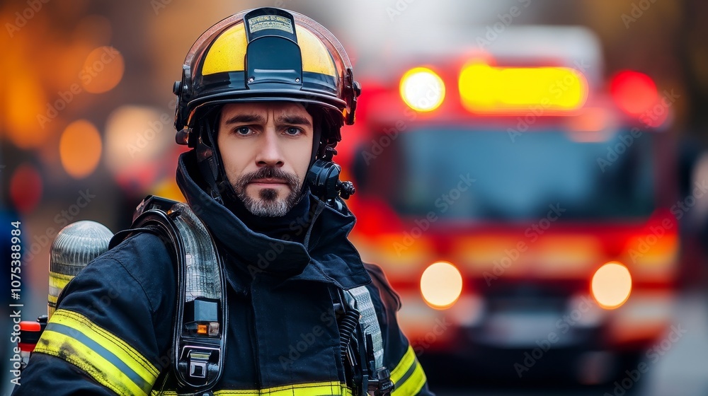 A determined firefighter stands in front of a fire truck, ready for action amidst an emergency scene.
