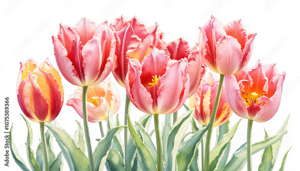 a watercolor painting of pink tulips with green leaves a watercolor painting of pink tulips with green leaves