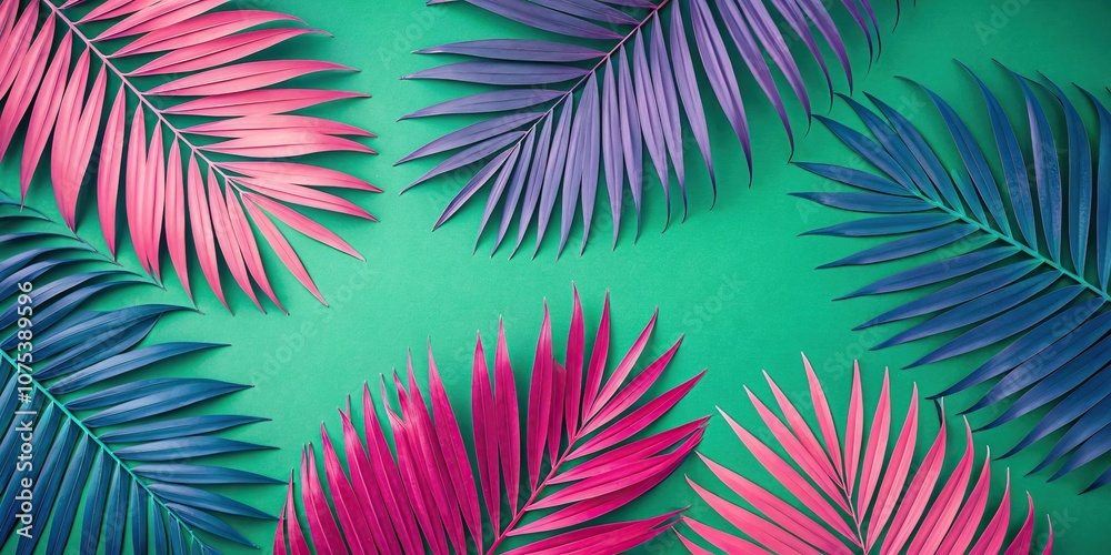 Vibrant neon pink and blue tropical palm leaves forming a mesmerizing floral pattern on a bright green background, colorful design, palm tree pattern, neon pink, hibiscus like, palm leaf pattern Vibrant neon pink and blue tropical palm leaves forming a mesmerizing floral pattern on a bright green background, colorful design, palm tree pattern, neon pink, hibiscus like, palm leaf pattern