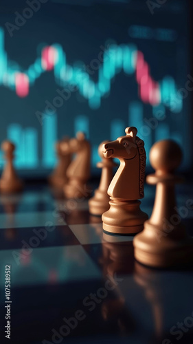 chess pieces on a board, against the background of stock quotes and financial charts. symbolizes intelligence, play, and complex decisions and moves in strategic business environments.