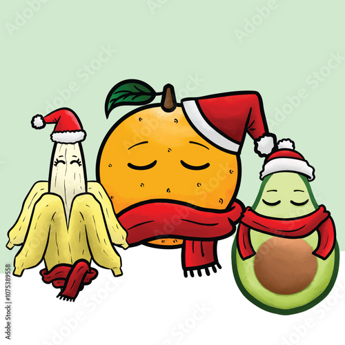 bananas, avocados, oranges in winter costumes
