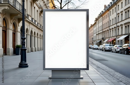 Empty vertical mockup billboard on a city street. Copy space