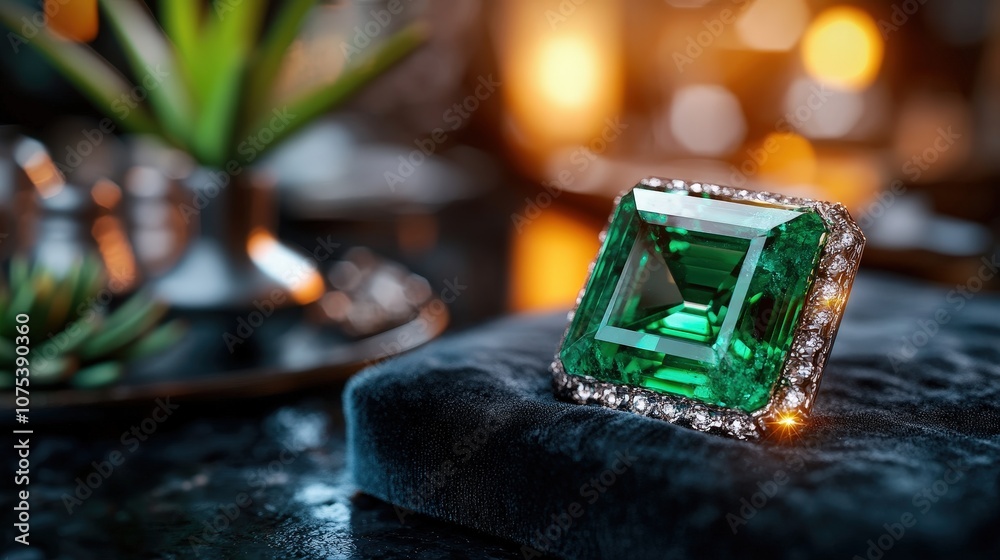 An exquisite emerald ring, encircled by brilliant diamonds, is elegantly displayed on a plush velvet surface amidst soft, ambient light. An exquisite emerald ring, encircled by brilliant diamonds, is elegantly displayed on a plush velvet surface amidst soft, ambient light.