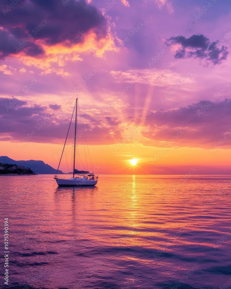 Fototapeta premium A Serene Sunset Sailing Experience: Relaxing Views Over Tranquil Waters