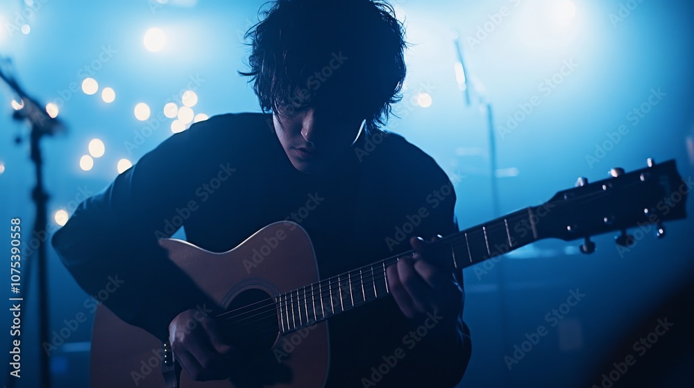 Obraz premium A musician plays an acoustic guitar on stage, surrounded by soft lighting and an atmospheric setting.
