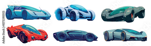 Futuristic cars. Cartoon cyberpunk car future luxury electric automobile, modern fast transport vehicle set vector illustration