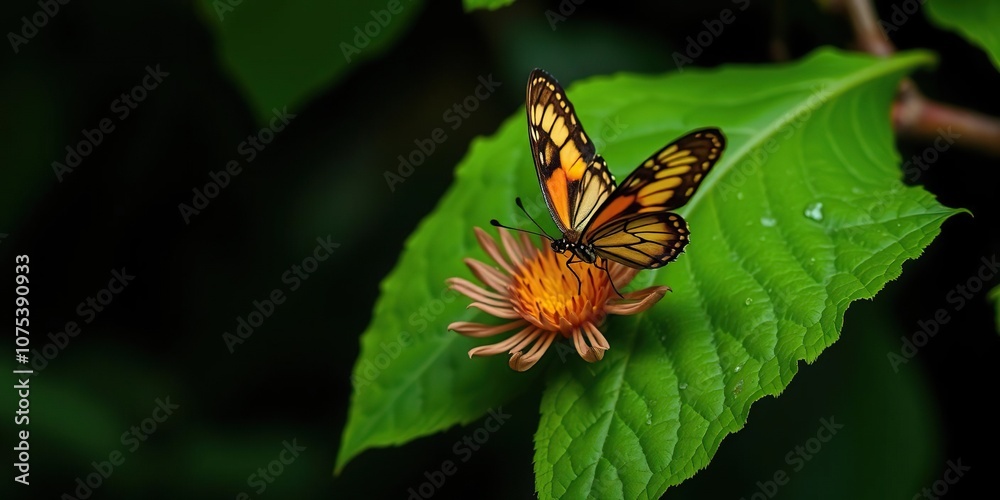 A lone butterfly settles on a lush green malaquita with soft brown petals, its wings slowly unfolding as it drinks nectar, botanical, outdoors, malaquita A lone butterfly settles on a lush green malaquita with soft brown petals, its wings slowly unfolding as it drinks nectar, botanical, outdoors, malaquita