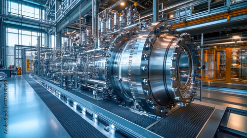 Large industrial gas turbine inside high-tech power plant facility with advanced machinery