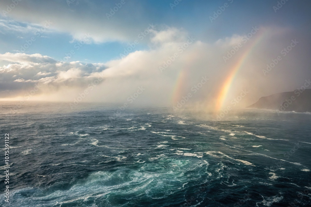 Fototapeta premium A swirling misty ocean of fog and ethereal light, shimmering with colors of the rainbow, soft focus, ocean of fog