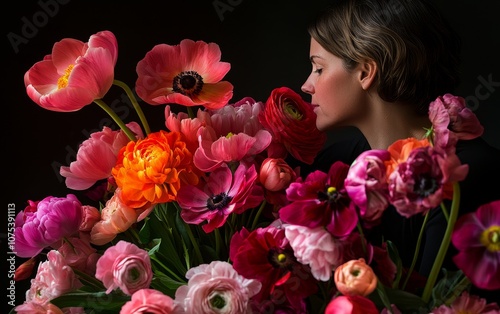 A woman surrounded by vibrant flower, highlighting beauty and nature's artistry.