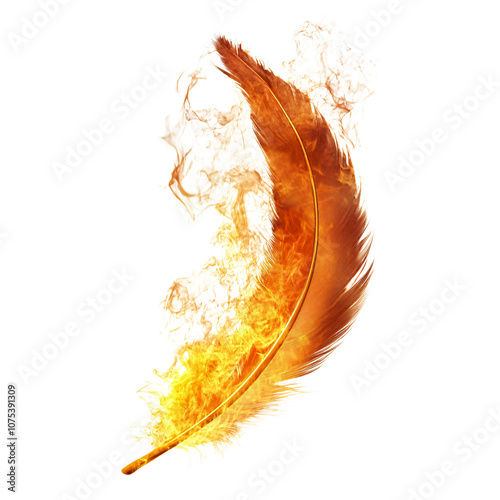 Burning feather phoenix bird in flames isolated on transparent background