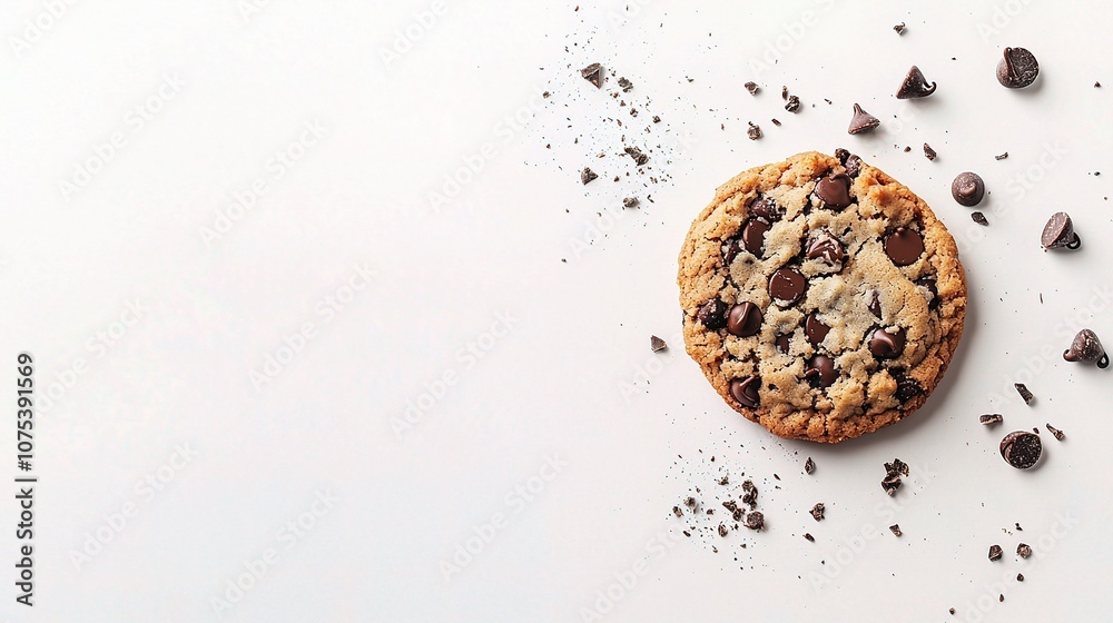 Isolated Chocolate Chip Cookie on White Background with Sprinkled Chocolate Chips and Crumbs Perfect for Food Photography and Culinary Projects