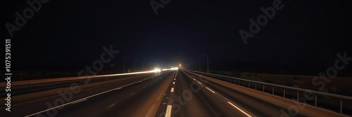 Desolate highway stretching into the darkness of night, sci-fi cityscape, towering buildings, neon raindrops