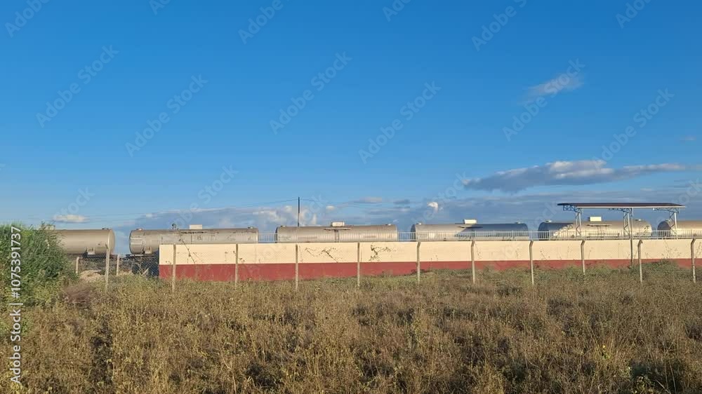Freight train moving past an industrial building with a tall grass foreground, framed against a clear blue sky on a sunny day Freight train moving past an industrial building with a tall grass foreground, framed against a clear blue sky on a sunny day
