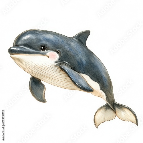 A charming illustration of a dolphin swimming gracefully, showcasing its playful nature, This artwork can be utilized for educational materials, children's books, or marine conservation campaigns, photo