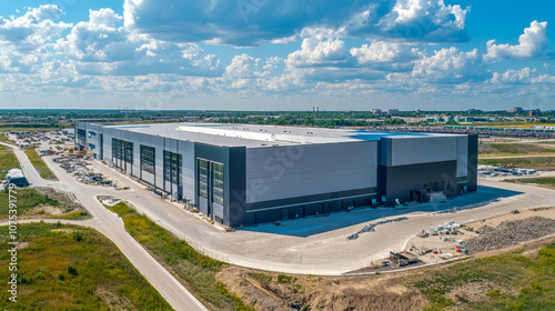 Large warehouse distribution center under sunny sky in industrial area