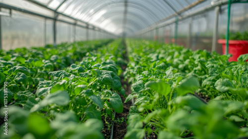 Lush green spinach plants growing in agricultural greenhouse