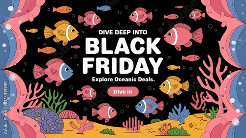 Playful Underwater Black Friday Sale Illustration Colorful Fish Coral - Festive Marketing Graphics Holiday Promotions Ecommerce photo