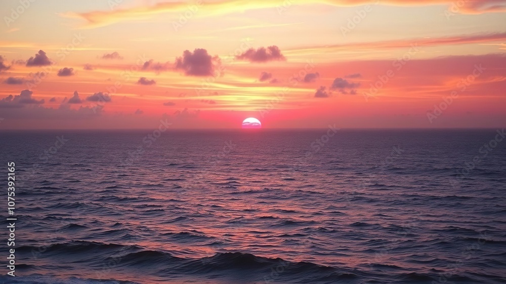 Fototapeta premium Vibrant oranges and pinks fill the sky as a breathtaking sunset meets the ocean, sun, colors, sky
