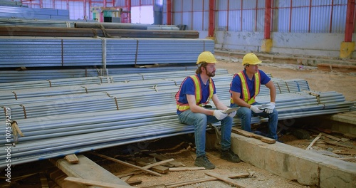 Two construction workers in safety gear review plans on a site holding digital tablet sitting on steel beams, showcasing teamwork and industrial progress.