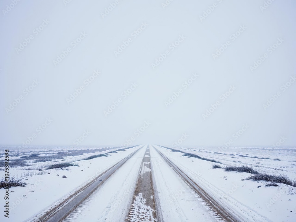 A single-lane dirt road disappears into the distance, lost beneath a blanket of fresh snow that falls gently from the gray winter sky, peaceful, wilderness A single-lane dirt road disappears into the distance, lost beneath a blanket of fresh snow that falls gently from the gray winter sky, peaceful, wilderness