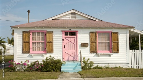 Charming bungalow with a soft white exterior, weathered brown shutters, and cheerful pink accents on the door and window frames, home decor, classic style, brown shutters, pink frame