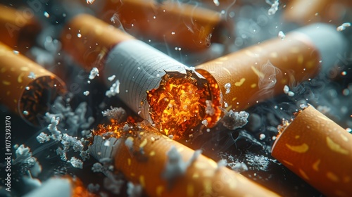 A close-up view of extinguished cigarettes with glowing embers and swirling smoke, conveying themes of smoking, health risks, and environmental impact