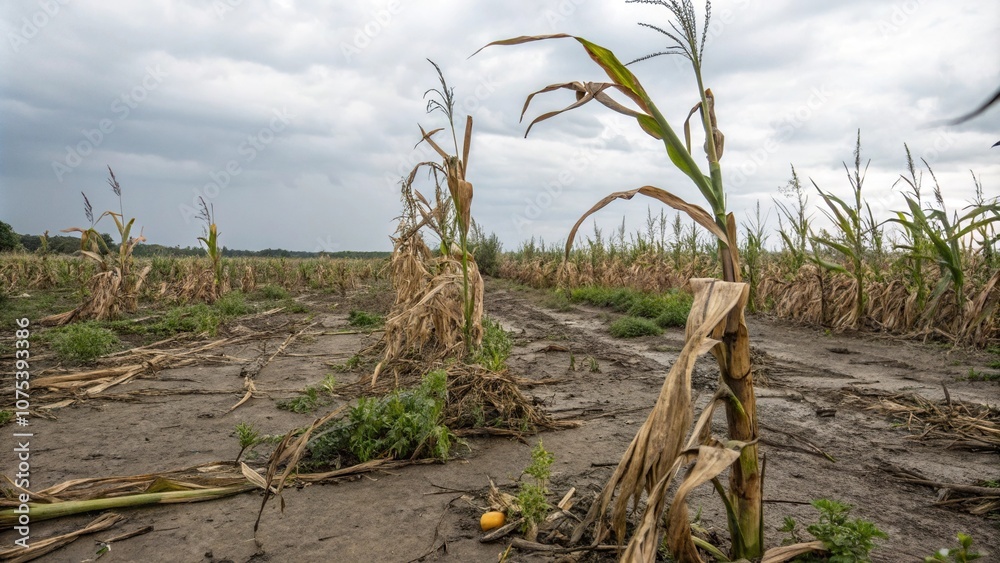 Weathered maize stalks and leaves in a ravaged field after heavy rain and hail, maize field, hail damage, agricultural damage, weather conditions Weathered maize stalks and leaves in a ravaged field after heavy rain and hail, maize field, hail damage, agricultural damage, weather conditions