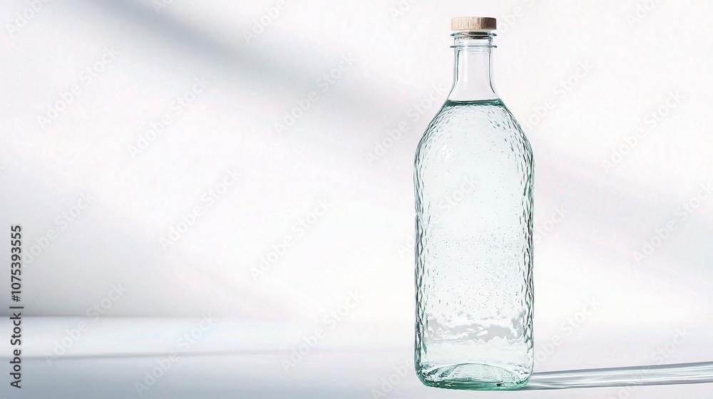Clear Glass Bottle of Mineral Water Isolated on White Background with Soft Shadows Highlighting Its Elegant Design and Transparency Clear Glass Bottle of Mineral Water Isolated on White Background with Soft Shadows Highlighting Its Elegant Design and Transparency