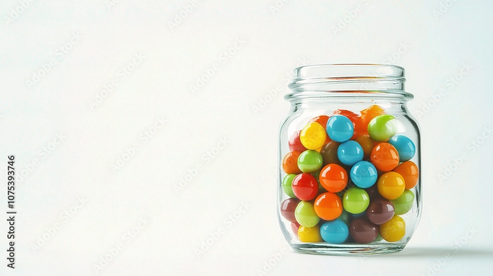 Vibrant Glass Jar Filled with Colorful Marbles on a Clean Background, Perfect for Creative Projects and Artistic Displays, Ideal for Stock Photography Usage Vibrant Glass Jar Filled with Colorful Marbles on a Clean Background, Perfect for Creative Projects and Artistic Displays, Ideal for Stock Photography Usage