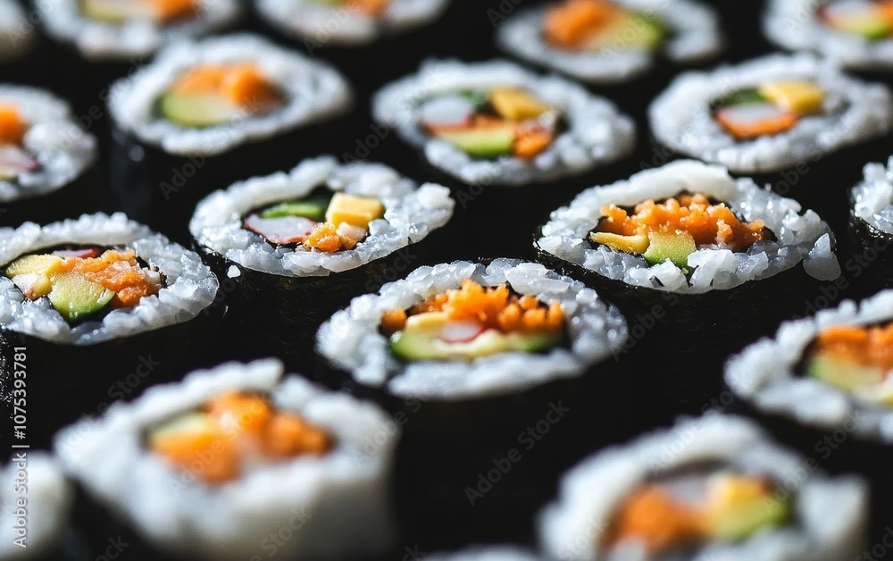 A close-up view of neatly arranged sushi roll, rolls showcasing vibrant fillings. A close-up view of neatly arranged sushi roll, rolls showcasing vibrant fillings.