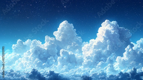 A serene sky filled with fluffy clouds under a starry backdrop.