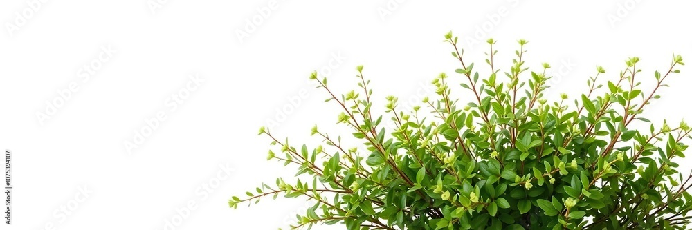Fresh green bush with delicate leaves and stems against a crisp white background, foliage, simple background Fresh green bush with delicate leaves and stems against a crisp white background, foliage, simple background