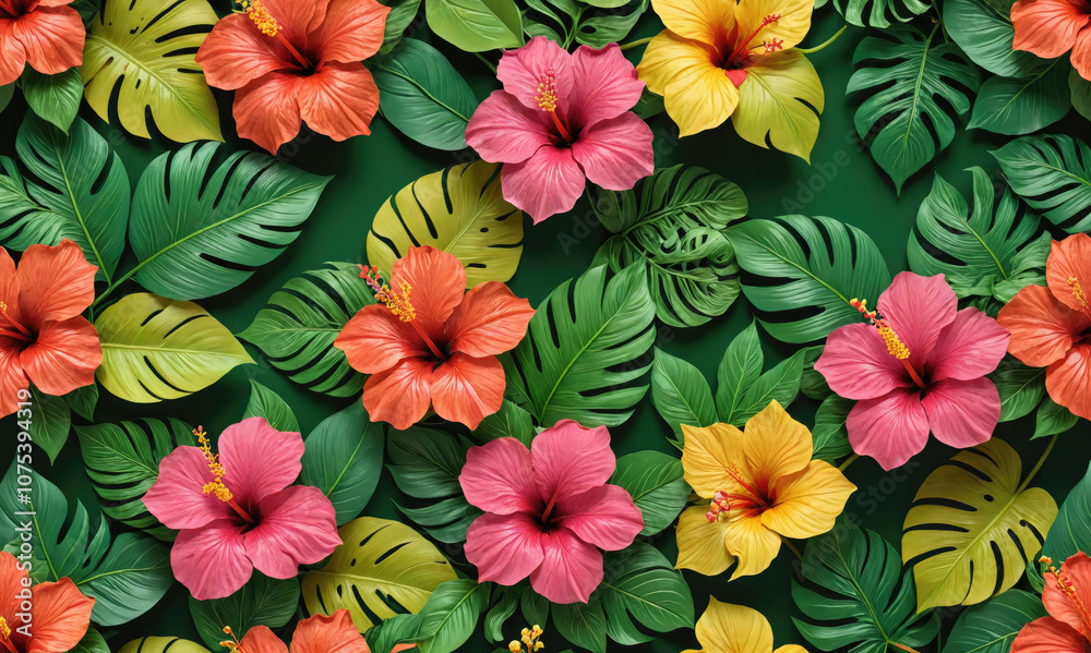 A vibrant arrangement of tropical flowers and leaves, featuring various shades of pink, orange, and yellow A vibrant arrangement of tropical flowers and leaves, featuring various shades of pink, orange, and yellow