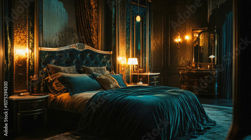 Luxurious art deco bedroom with velvet bedding and mirrored accents under soft lighting