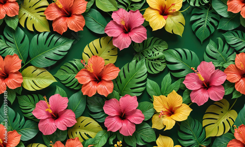 A vibrant arrangement of tropical flowers and leaves, featuring various shades of pink, orange, and yellow