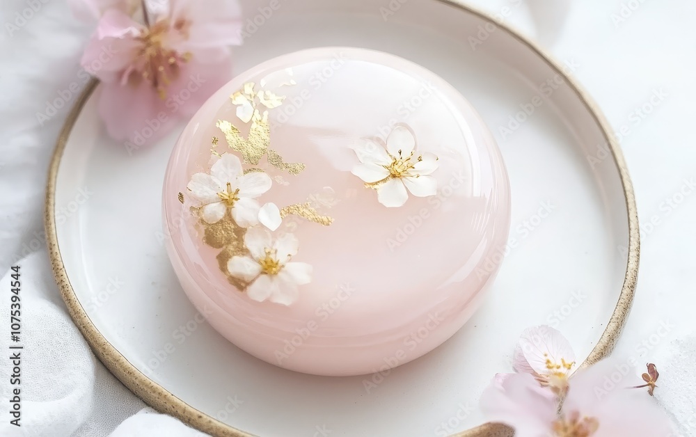 A delicate pink soap adorned with flower and gold, resting on a simple plate.