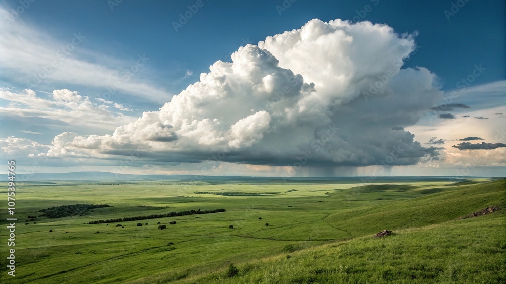 A lone cloud dominates the sky over a vast expanse of green grasslands, its base lost in the distance, atmospheric perspective, natural scenery, rolling hills, weather conditions, aerial view A lone cloud dominates the sky over a vast expanse of green grasslands, its base lost in the distance, atmospheric perspective, natural scenery, rolling hills, weather conditions, aerial view
